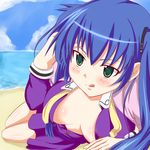  :p blush breasts character_request cleavage kuroki_kurumi lying r-15 school_uniform smile tongue tongue_out 