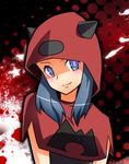  bazumi blue_eyes blue_hair hood horns looking_at_viewer multicolored multicolored_eyes pokemon pokemon_(game) pokemon_rse red revision smile solo team_magma team_magma_grunt upper_body 