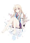  barefoot blonde_hair cherry_blossoms eraser fountain_pen inkwell kusano_houki legs long_hair necktie official_art paper pen pencil petals red_eyes ruler sakura-sou_no_pet_na_kanojo school_uniform shiina_mashiro sitting solo tombow_mono 