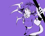  asymmetrical_wings from_above houjuu_nue misopanne monochrome purple purple_background red_eyes short_hair smirk solo spot_color thighhighs touhou wings 