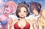  3girls ashido_mina bare_shoulders black_hair black_sclera blue_bikini_top boku_no_hero_academia frilled_bikini_top grey_eyes hand_holding highres horns jirou_kyouka looking_at_viewer lying multiple_girls ocean on_back on_side one_eye_closed open_mouth pink_hair pink_skin purple_eyes purple_hair red_bikini_top sand short_hair smile water yaoyorozu_momo yellow_bikini_top yellow_eyes 