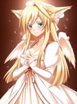  angel angel_wings animal_ears ban'ya_(konshin) blonde_hair blue_eyes blush breasts cleavage colored_eyelashes halo highres konshin large_breasts long_hair original pixiv_forest smile solo steepled_fingers wings 