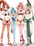  amazons_quartet arms_up bishoujo_senshi_sailor_moon blue_hair blue_leotard bow cerecere_(sailor_moon) flower green_hair junjun_(sailor_moon) leggings leotard multi-tied_hair multiple_girls nakagawa_waka pallapalla_(sailor_moon) pink_hair red_hair rose thigh_gap vesves_(sailor_moon) white_background yellow_bow 