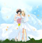  :d bangs bare_shoulders black_hair blonde_hair blue_eyes blue_sky bouquet bridal_veil closed_eyes cloud collarbone day dress flower grass hair_between_eyes hair_flower hair_ornament holding holding_bouquet kingdom_hearts kingdom_hearts_358/2_days kingdom_hearts_ii medium_hair multiple_girls namine open_mouth outdoors petals pink_flower shoes short_hair sky smile spirasen standing veil wedding_dress white_dress white_flower white_footwear wife_and_wife xion_(kingdom_hearts) yuri 