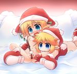  2girls :3 ahoge akane_(kso) anus aqua_eyes bed blonde_hair blue_eyes blush boots bottomless bow brush censored christmas clitoris clitoris_bondage fairy fang hat kso lying meyuu_(kso) multiple_girls navel nude on_back on_bed on_stomach open_mouth original pointy_ears pussy santa_costume santa_hat short_hair spread_legs tears 