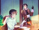  alternate_costume alvin_(tales) bad_id bad_pixiv_id black_hair brown_eyes brown_hair gloves jude_mathis male_focus multiple_boys pen scarf sen_nai smile tales_of_(series) tales_of_xillia yellow_eyes 