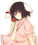 animal_ears black_hair blush bunny_ears carrot carrot_necklace deanoia ear_ribbon flower inaba_tewi jewelry midriff necklace pendant pink_eyes shirt short_hair skirt skirt_set solo touhou 