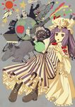  apple bad_id bad_pixiv_id book boots cannon crescent cross-laced_footwear food fruit globe hat horse landmark locomotive long_hair moai ogino_(oginogino) patchouli_knowledge petticoat planet purple_eyes purple_hair solo steam_locomotive striped touhou vertical_stripes 