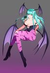  animal_print aqua_hair bad_id bad_pixiv_id bare_shoulders bat_print bat_wings breasts cleavage collarbone crossed_legs fur_trim gradient gradient_background green_eyes head_wings heart large_breasts long_hair looking_at_viewer low_wings morrigan_aensland pantyhose print_legwear purple_legwear purple_wings sitting smile solo ultra00 vampire_(game) wings 