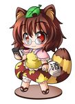  alcohol animal_ears bloomers bottle brown_eyes brown_hair chibi dress faux_figurine futatsuiwa_mamizou glasses leaf leaf_on_head notepad pince-nez raccoon_ears raccoon_tail sake sandals shinjitsu short_hair simple_background skirt smile solo tail touhou underwear white_background 