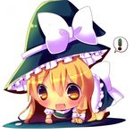  1girl all_fours blonde_hair bow braid chibi chocolat_(momoiro_piano) coin fang hair_bow hat hat_bow kirisame_marisa long_hair on_floor open_mouth side_braid simple_background single_braid solo touhou white_bow witch_hat yellow_eyes 