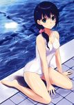  :o absurdres arm_support bare_legs bare_shoulders barefoot black_hair blue_eyes breasts cleavage collarbone covered_nipples dengeki_moeou highres leaning_forward legs long_hair looking_at_viewer medium_breasts nipples one-piece_swimsuit parted_lips polka_dot polka_dot_scrunchie ponytail pool poolside scan school_swimsuit scrunchie see-through sitting solo swimsuit tiles wariza wet wet_clothes white_school_swimsuit white_swimsuit yuunagi_(seventh_heaven) 