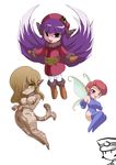  3girls animal_ears atlus belt blue_eyes blush boots breasts brown_hair fairy gloves green_eyes hat highres mou_shobou multiple_girls nekomata_(megami_tensei) noise nude open_mouth pixie_(megami_tensei) purple_hair red_hair shin_megami_tensei smile 