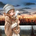  bag beanie blush brown_eyes brown_hair cityscape cloud cold cup engrish eyelashes food fur_trim hat highres long_hair long_sleeves looking_at_viewer original product_placement ranguage ren_(nyanyo) rust sandwich sky solo starbucks sunset sweater translated 