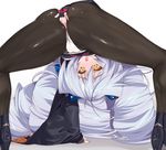  :o arm_support ass bend bent_over big_hair black_legwear blush drill_hair fingering fingering_through_clothes fingerless_gloves flexible gloves kusaka_souji kyoukaisenjou_no_horizon legs long_hair nate_mitotsudaira open_mouth pantyhose presenting silver_hair simple_background solo spread_legs through_clothes upside-down very_long_hair yellow_eyes 