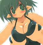  blush breast_grab breasts cleavage grabbing green_eyes green_hair large_breasts one-piece_swimsuit original pointy_ears sakaki_(noi-gren) school_swimsuit short_hair solo swimsuit 