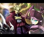  1boy 1girl android arc_system_works blazblue blonde_hair blue_eyes building cape cloud clouds ignis_(blazblue) male mask relius_clover robot serious sky weapon white_eyes 