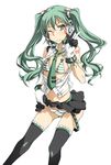  gloves green_eyes green_hair hatsune_miku headphones headset highres kasetsu_03 lingerie long_hair necktie one_eye_closed open_clothes simple_background skirt skirt_lift smile solo thighhighs twintails underwear v vocaloid 