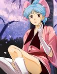  blue_hair boots bow cherry_blossoms elbow_gloves gloves hair_bow hair_up haruyama_kazunori large_bow lipstick makeup midi oldschool red_eyes sitting solo touyama_sakura_uchuu_chou_-_yatsu_no_na_wa_gold tree 