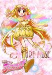  :d boots bow bubble_skirt character_name circlet copyright_name cure_muse_(yellow) eyelashes frills full_body gathers hair_ribbon happy heart knee_boots long_hair magic magical_girl no_choker open_mouth orange_hair piano_keys pink_background precure purple_eyes rainbow_order ribbon shirabe_ako skirt smile solo sparkle suite_precure teio yellow_bow yellow_skirt 