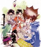  amano_akira animal animal_print black_hair book bottle brown_eyes brown_hair closed_eyes couch cow_print formal gokudera_hayato hat horns i-pin jewelry katekyo_hitman_reborn! lambo multiple_boys necktie reborn sawada_tsunayoshi short_hair silver_hair smile studying suit table yamamoto_takeshi 