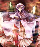  beckoning bow capelet crystal foreshortening hair_bow hat long_hair outstretched_hand patchouli_knowledge purple_eyes purple_hair ribbon robe solo striped touhou very_long_hair vetina wind 