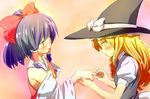  blonde_hair blush detached_sleeves ema20 embarrassed hair_ribbon hakurei_reimu hands hat jewelry kirisame_marisa multiple_girls profile ribbon ring touhou witch_hat yuri 