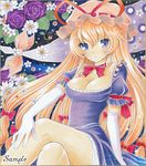  ayuayu bad_id bad_pixiv_id blonde_hair bow breasts choker cleavage crossed_legs dress elbow_gloves floral_background flower frilled_dress frills gap gloves hair_bow hat large_breasts long_hair purple_eyes purple_flower purple_rose ribbon ribbon-trimmed_headwear ribbon_trim rose sample sitting solo touhou white_gloves yakumo_yukari 