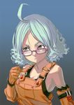  ahoge aro_(charged_time_out) bad_id bad_pixiv_id blue_hair curly_hair elbow_gloves face glasses gloves original overalls pink_eyes short_hair solo 
