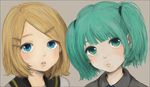  alternate_hair_length alternate_hairstyle aqua_eyes aqua_hair blonde_hair blue_eyes child hair_ornament hairclip hatsune_miku henge_(hemonyan) kagamine_rin multiple_girls portrait short_hair twintails vocaloid younger 