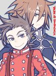 age_difference brown_eyes brown_hair buttons father_and_son frown kratos_aurion lloyd_irving male male_focus oekaki smile tales_of_(series) tales_of_symphonia 