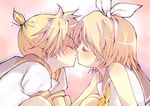  1girl bad_id bad_pixiv_id blonde_hair blush brother_and_sister closed_eyes hair_ribbon imminent_kiss incest kagamine_len kagamine_rin necktie pun2 ribbon short_hair siblings sweat trembling twincest twins vocaloid 