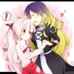  2girls amaya_enaka bad_id bad_pixiv_id blush bow closed_eyes fujiwara_no_mokou gradient_hair hair_bow happy heart height_difference hijiri_byakuren holding_hands long_hair multicolored_hair multiple_girls red_eyes silver_hair time_paradox touhou younger 