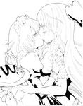  absurdres bad_id bad_pixiv_id blush braid closed_eyes food greyscale hat hat_removed headwear_removed highres hong_meiling invisible_lunatic izayoi_sakuya kiss monochrome multiple_girls profile surprised touhou yuri 