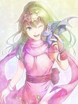  bracelet bridal_gauntlets chiki dragon elf fire_emblem fire_emblem:_monshou_no_nazo gloves green_eyes green_hair hair_ornament headdress jewelry kinoeneko long_hair mamkute one_eye_closed pointy_ears ponytail scarf single_glove smile solo 