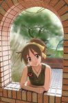  arch arm_support brown_eyes brown_hair casual chunpai head_tilt highres hirasawa_ui jewelry k-on! leaning necklace ponytail short_hair sleeveless solo tree window 