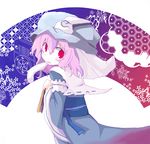  bad_id bad_pixiv_id face fan folding_fan goshoguruma hat hexagon honeycomb_(pattern) honeycomb_background japanese_clothes kimono pink_hair red_eyes saigyouji_yuyuko saigyouji_yuyuko's_fan_design shippou_(pattern) solo sukima_(crie) touhou 