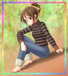  barefoot brown_eyes brown_hair chunpai denim dutch_angle feet highres hirasawa_ui jeans k-on! pants ponytail short_hair solo striped striped_sweater sweater 