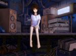  bad_id bad_pixiv_id barefoot black_eyes box brown_hair cable headphones indoors monitor original pipe record short_hair sitting smile solo speaker stereo yoshidaworks 