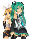  aqua_eyes aqua_hair blonde_hair blue_eyes detached_sleeves fuwata hair_ornament hair_ribbon hairclip hatsune_miku highres kagamine_rin long_hair multiple_girls necktie ribbon short_hair smile thighhighs twintails vocaloid zettai_ryouiki 