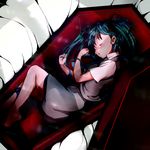  aqua_hair barefoot blush coffin from_above hatsune_miku long_hair lying necktie on_side reri sleeping solo tears twintails very_long_hair vocaloid 