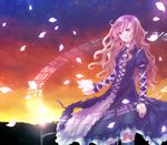  dress flower gradient_hair highres hijiri_byakuren long_hair multicolored_hair neme petals solo sorcerer's_sutra_scroll sunset touhou 