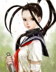  bad_id bad_pixiv_id black_hair grey_eyes ibuki_(street_fighter) kunai lips long_hair pon school_uniform serafuku solo street_fighter street_fighter_iii_(series) weapon 