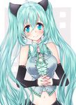  aqua_eyes aqua_hair bad_id bad_pixiv_id corset detached_sleeves frills hatsune_miku highres interlocked_fingers long_hair looking_at_viewer midriff multicolored multicolored_nails nail_polish navel solo tokunou_shoutarou twintails vocaloid 