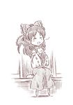  bow closed_eyes detached_sleeves eating hair_bow hair_tubes hakurei_reimu happy long_skirt monochrome purple sitting sketch skirt solo sonson_(eleven) touhou veranda 