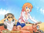  bad_id bad_pixiv_id banzai_nekomimi black_hair blue_eyes breasts charlotte_e_yeager cleavage denim denim_shorts francesca_lucchini front-tie_top ground_vehicle jacket long_hair medium_breasts midriff motor_vehicle motorcycle multiple_girls open_mouth orange_hair shirt shorts sidecar strike_witches striped striped_shirt sunglasses twintails world_witches_series 