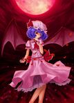  bad_id bad_pixiv_id bat_wings blood blue_hair bow c.z. dress full_moon hat highres moon petals red_eyes red_moon remilia_scarlet ribbon solo touhou wings wrist_cuffs 