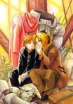  alphonse_elric armor blonde_hair brothers coat conqueror_of_shambala edward_elric flamel_symbol fullmetal_alchemist gloves minezawa_akiko multiple_boys siblings whispering yellow_eyes 