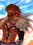  abs applemac armor bandages bandana beard brown_eyes brown_hair chest_tattoo cloud dark_skin dark_skinned_male dissidia_final_fantasy facial_hair final_fantasy final_fantasy_x headband highres jecht male_focus muscle mustache red_eyes rubbing_neck scar shirtless single_bare_arm sky solo tattoo 