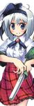  alternate_costume armband black_hairband blue_eyes grin hairband konpaku_youmu nanaroku_(fortress76) plaid ready_to_draw school_uniform shinai short_hair silver_hair smile solo sword touhou weapon 